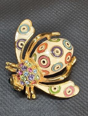 Joan Rivers Signed Bee Brooch Rhinestone Enamel Gold Tone Bug Pin